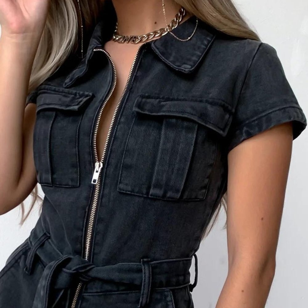 π₯HOT ITEMπ₯ White Fox Boutique Summer Denim Romper in Black Acid - Picture 5 of 12